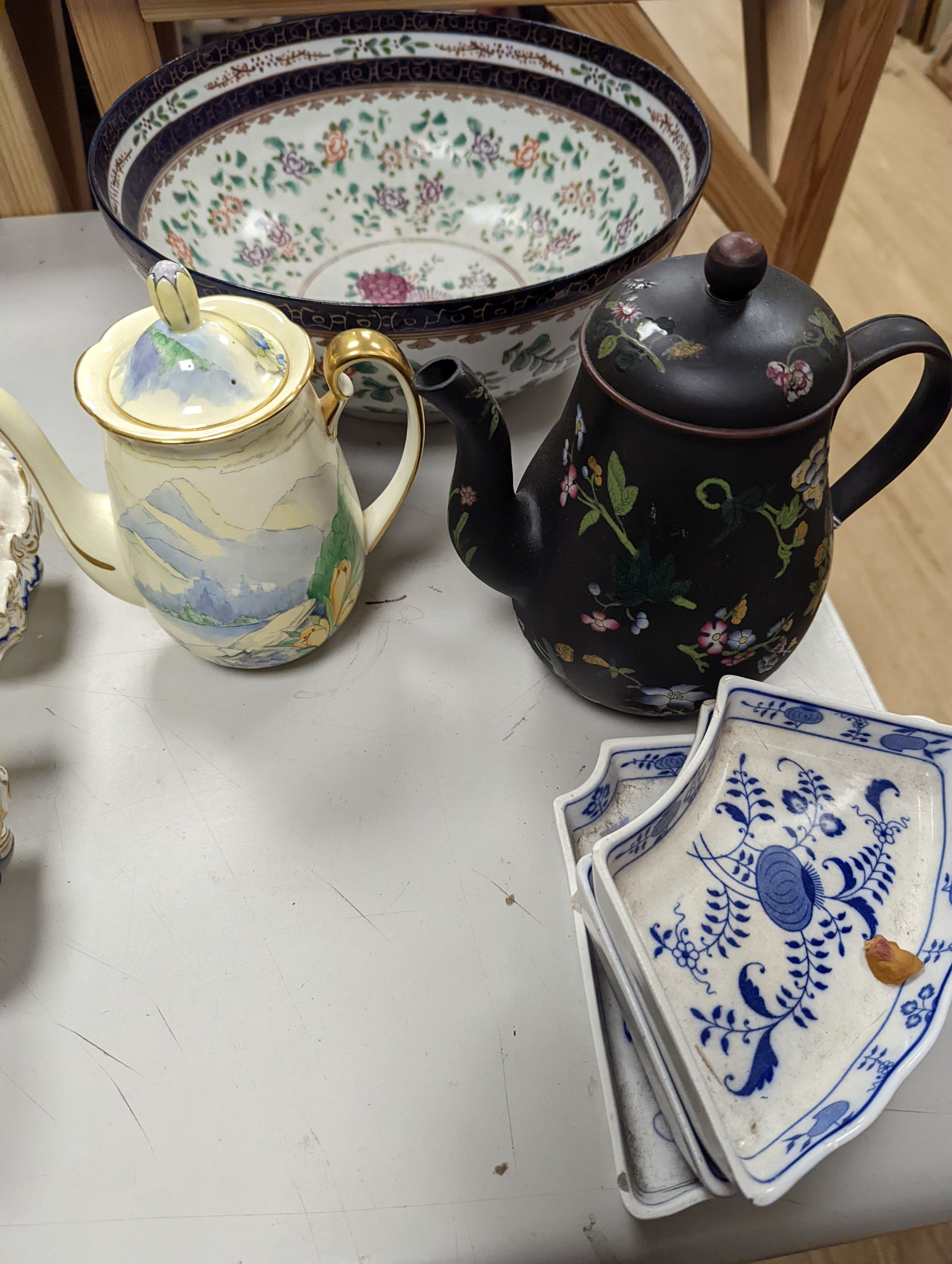 A collection of mixed porcelain including a Samson style bowl, Wedgwood teapot, Noritake vases etc